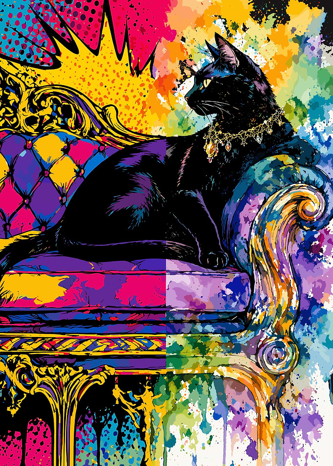 Black Cat on Ornate Sofa
