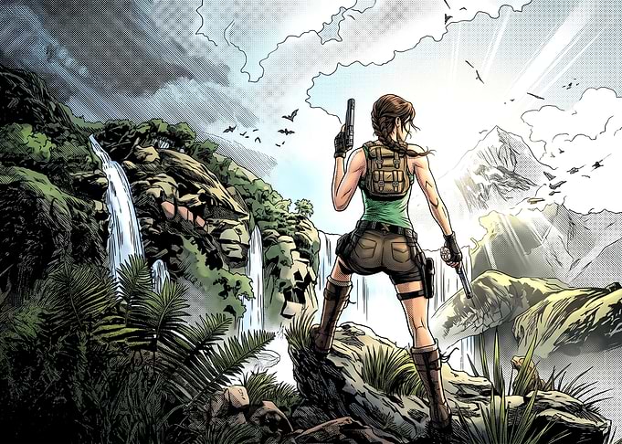 Lara Croft overlooking a jungle waterfall