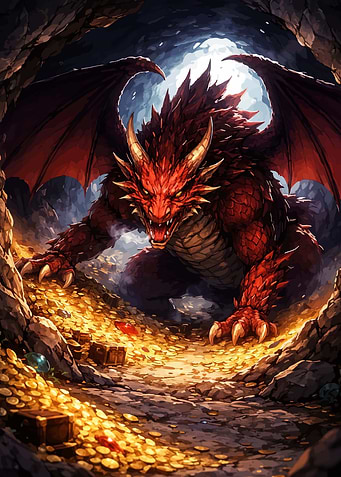 Red Dragon Guarding Treasure