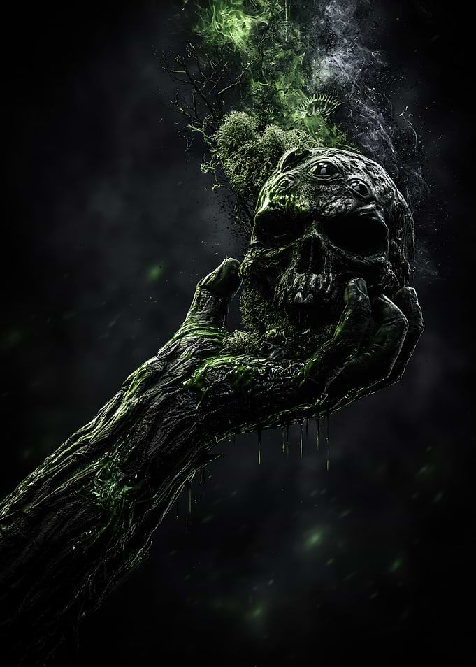Mossy Hand Holding a Skull