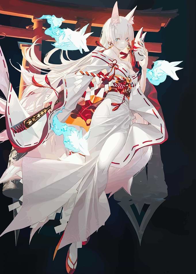 Kitsune Shrine Maiden with Fox Spirits