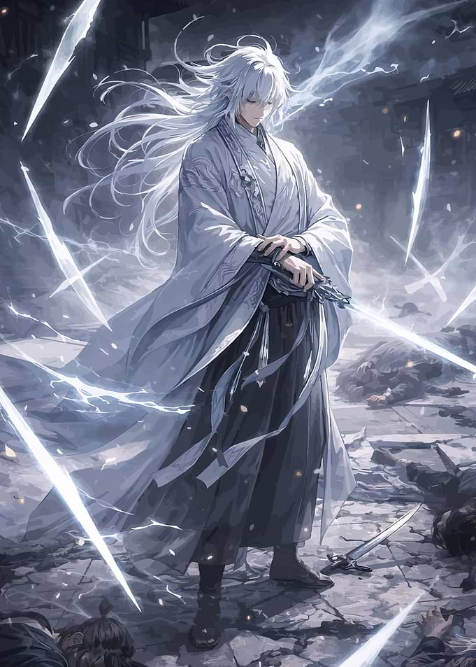White-haired swordsman in battle