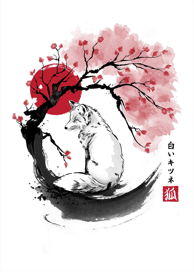 White Fox Under Cherry Blossoms