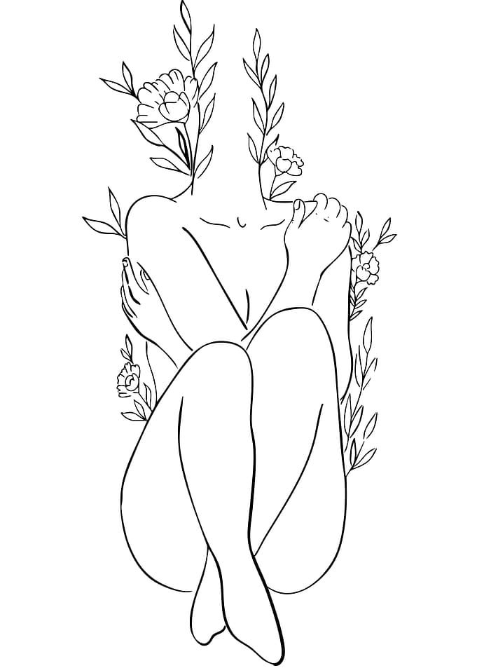 Woman Embracing Flowers Line Art