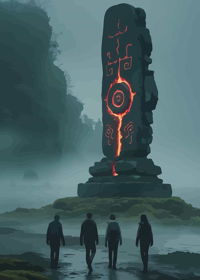 Mysterious Glowing Monolith in Foggy Landscape