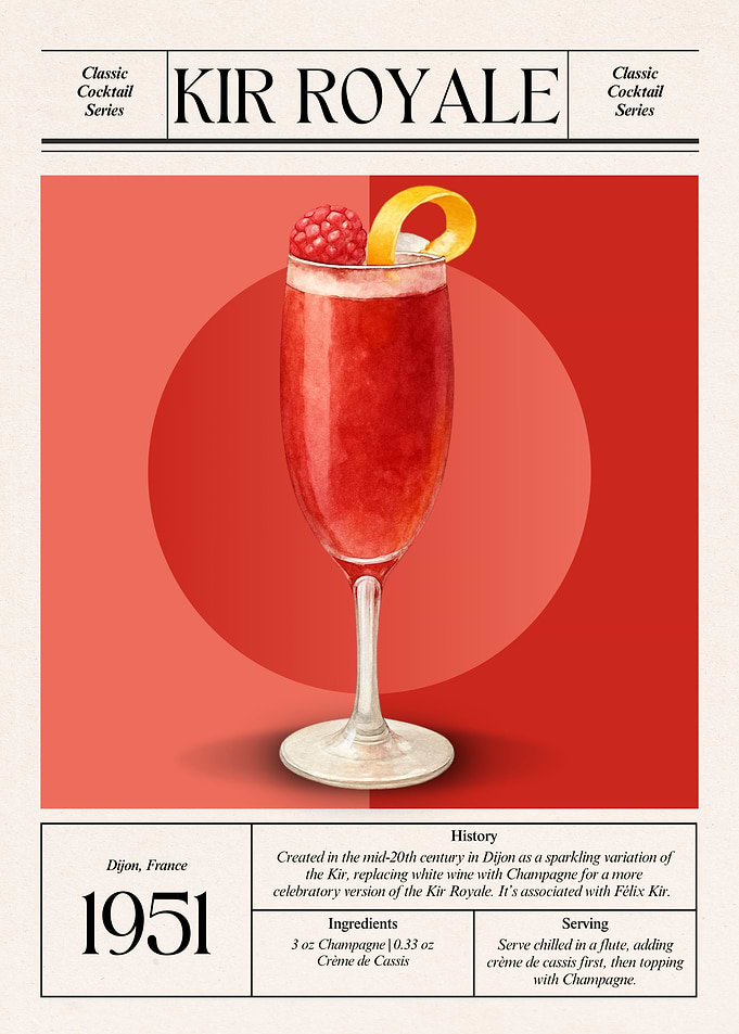 Kir Royale | Classic 1951 French Champagne Cocktail | Vintage Red Cocktail Art