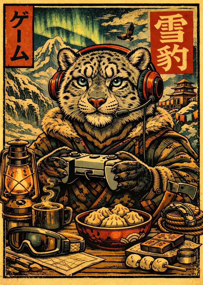 Snow Leopard Gamer in Winter Landscape