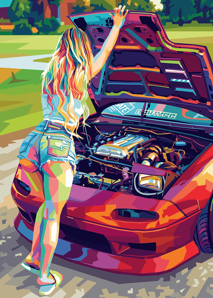 Woman checking car engine