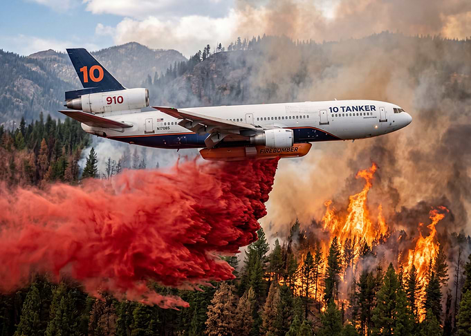 Firefighting plane dropping retardant on wildfire