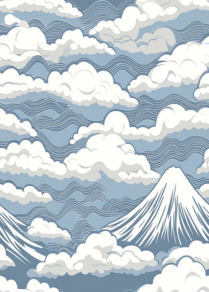 Mount Fuji with Clouds and Waves