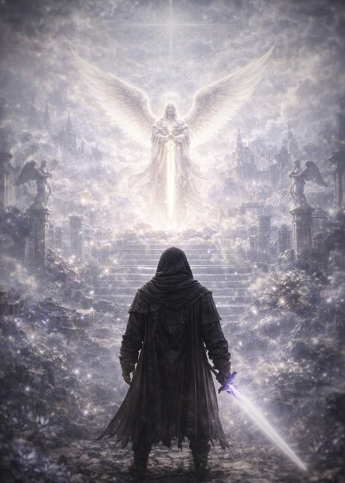 Warrior facing an angel in a celestial realm