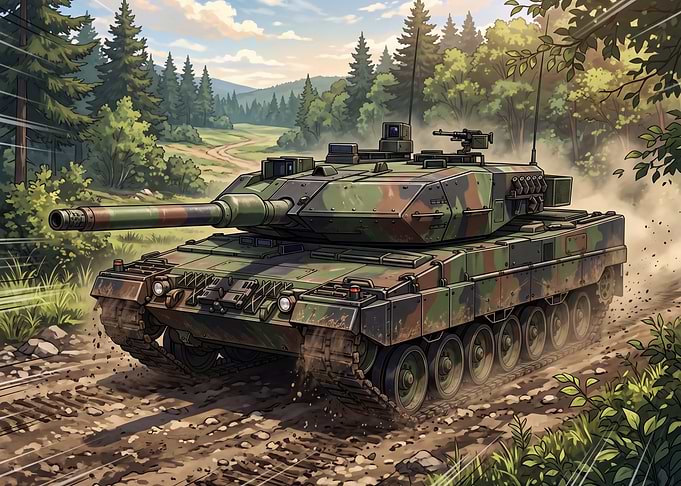 Camouflaged Tank on a Dirt Road