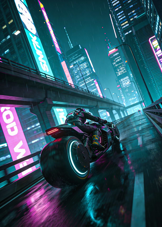 Cyberpunk Motorcycle Rider in Neon City
