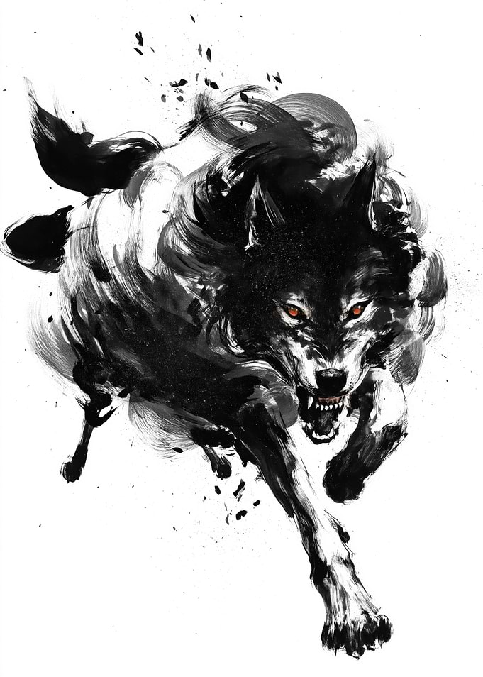 Aggressive Black Wolf Ink Painting