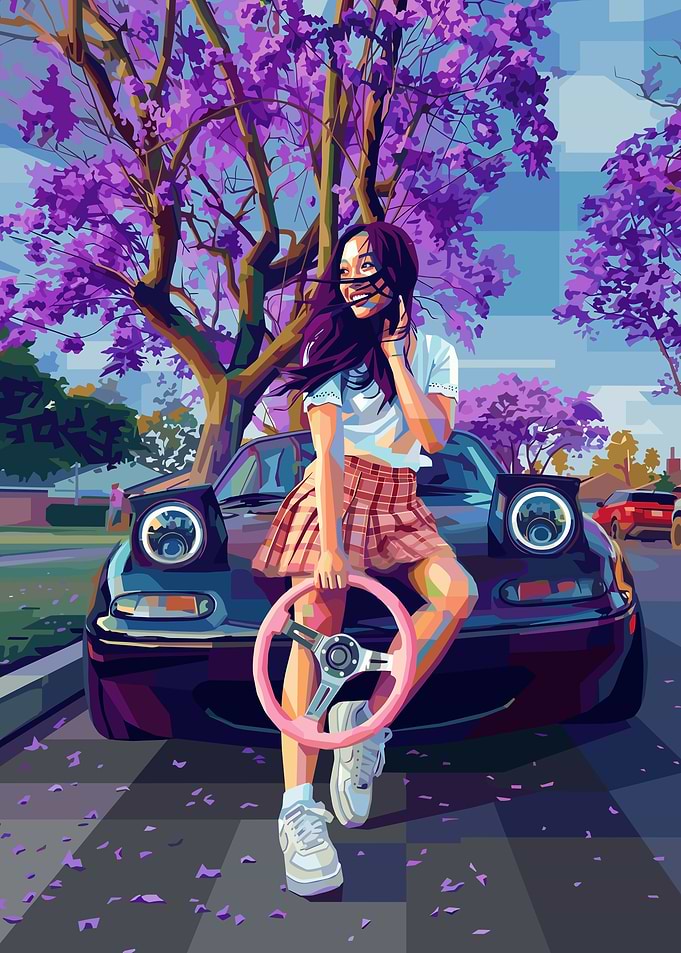 Girl with Steering Wheel by Car