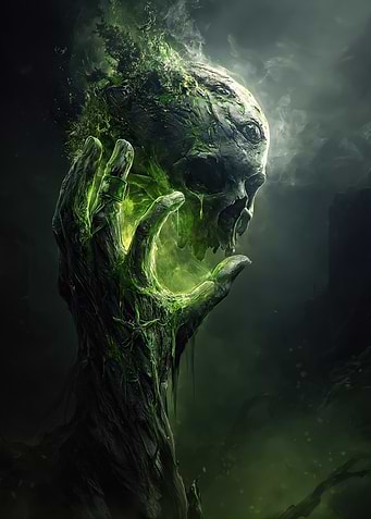 Green Skull Held by a Gnarled Hand
