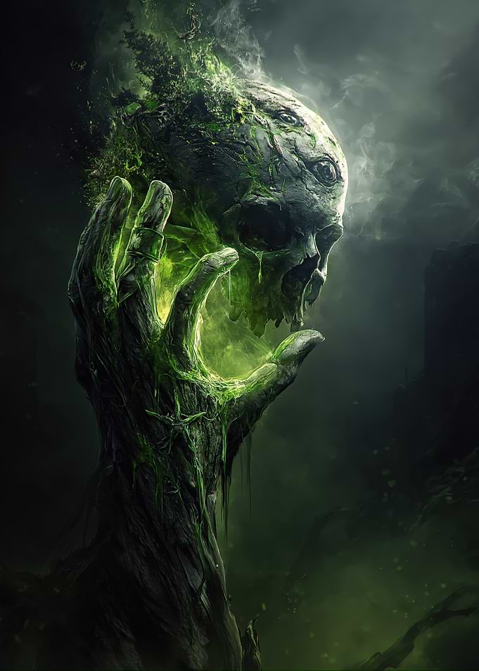 Green Skull Held by a Gnarled Hand