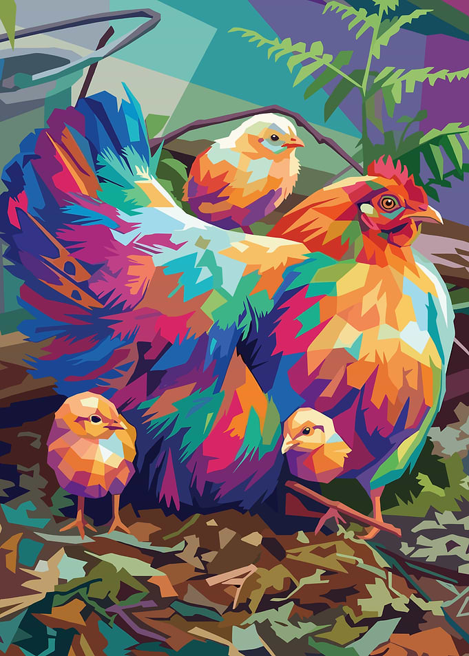 Colorful Chicken Family in Nature