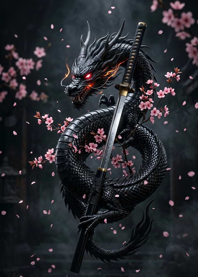 Black Dragon with Katana and Cherry Blossoms