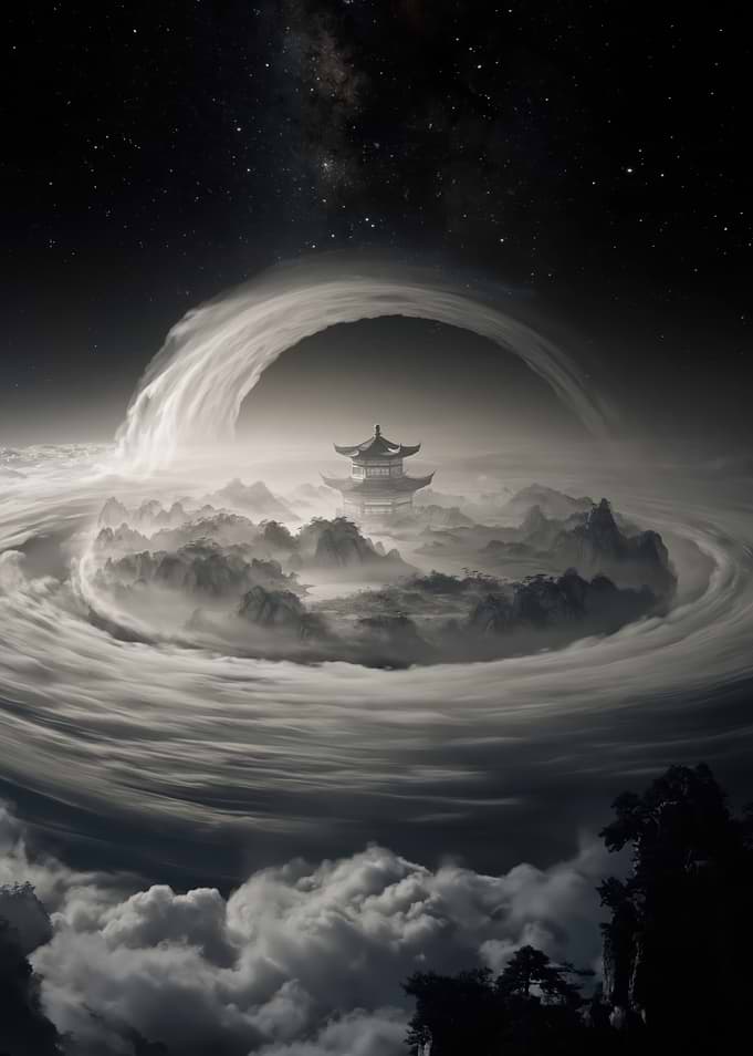 Mystical Pagoda in a Swirling Cloudscape