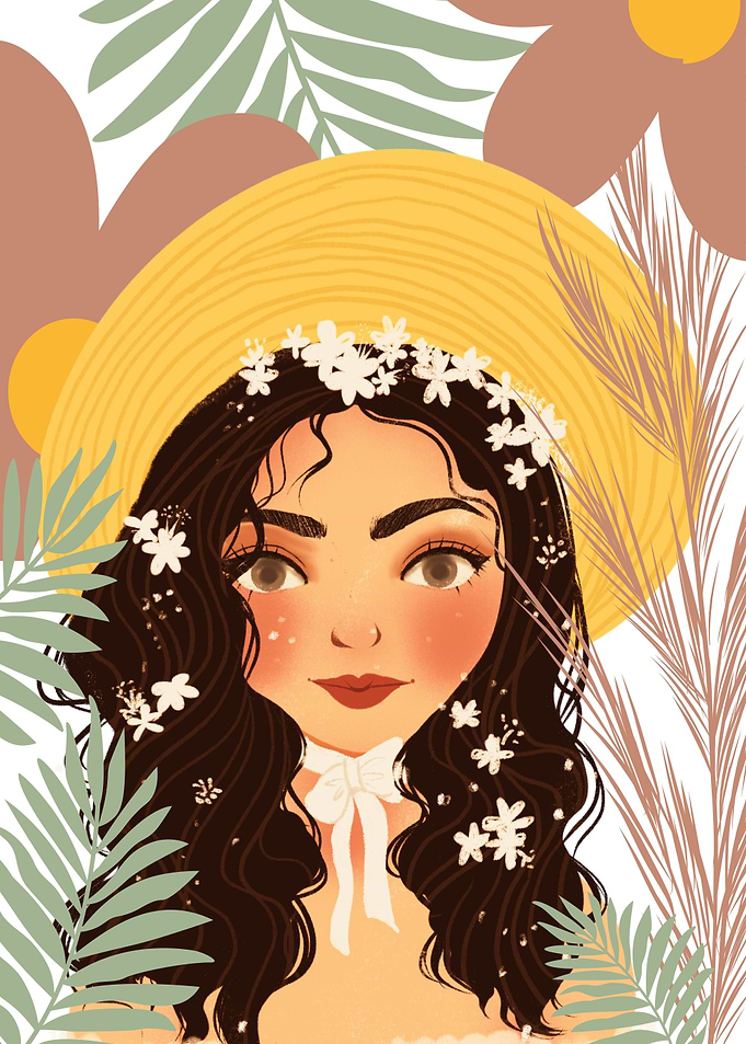 Woman with Flowers and Straw Hat
