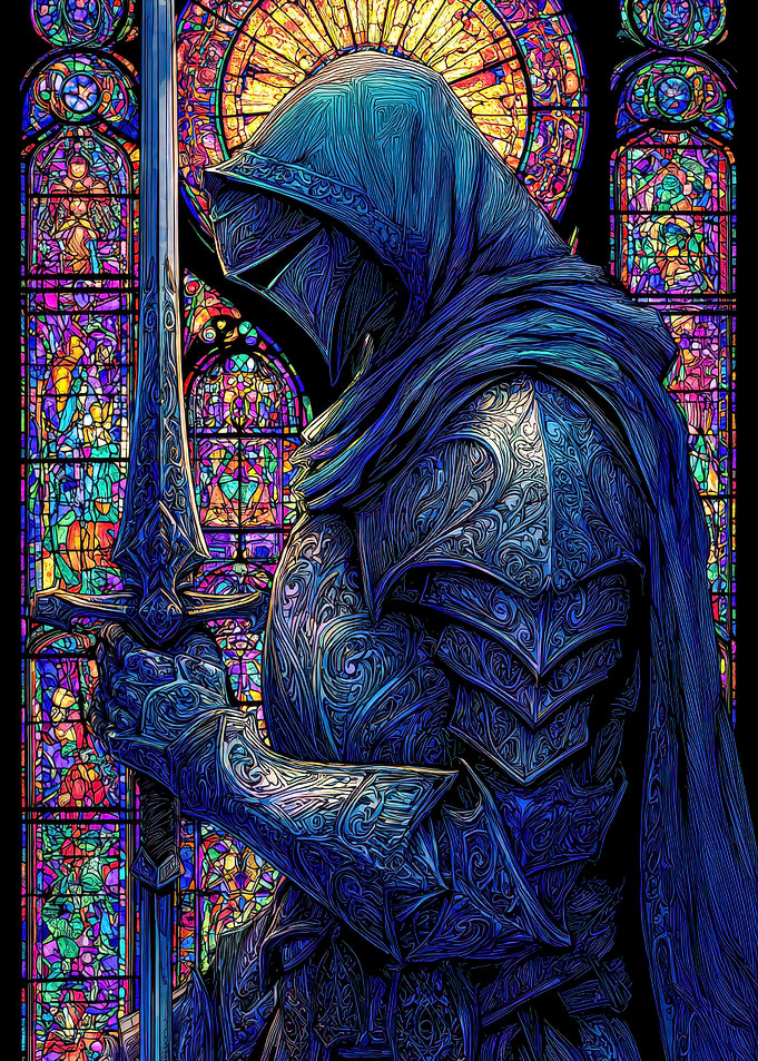 Knight in Stained Glass Cathedral
