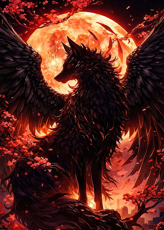 Winged Wolf Under a Blood Moon