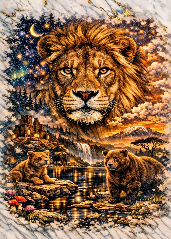 Majestic Lion and Bear Family in Fantasy Landscape