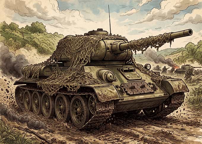 Camouflaged Tank in Battle