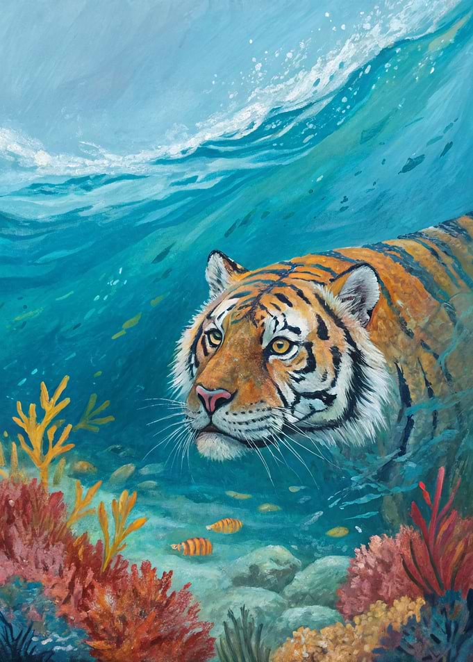 Tiger swimming underwater with coral