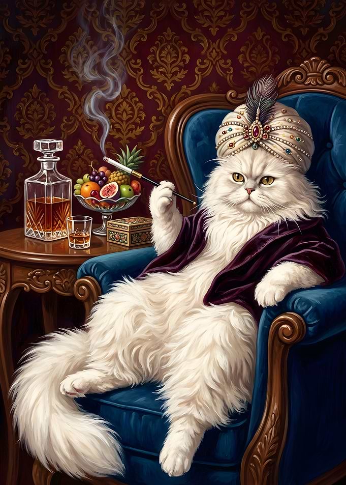 Regal Cat Smoking in a Blue Chair