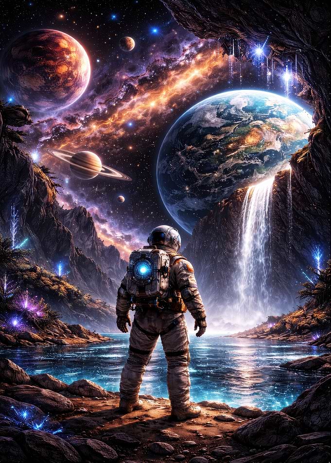 Astronaut overlooking alien waterfall planet