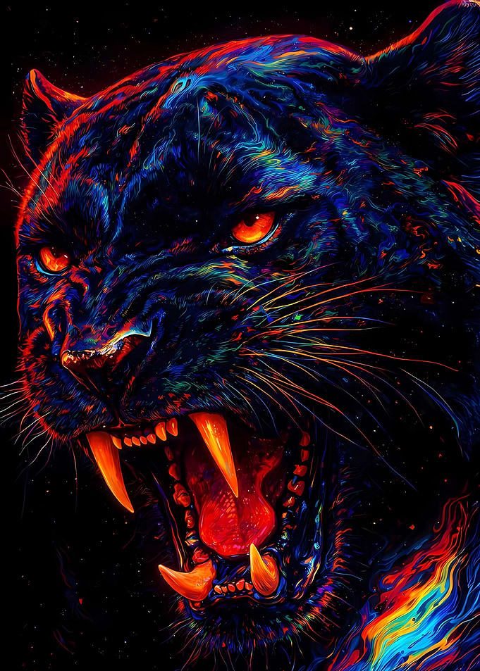 Aggressive Black Panther with Fiery Colors