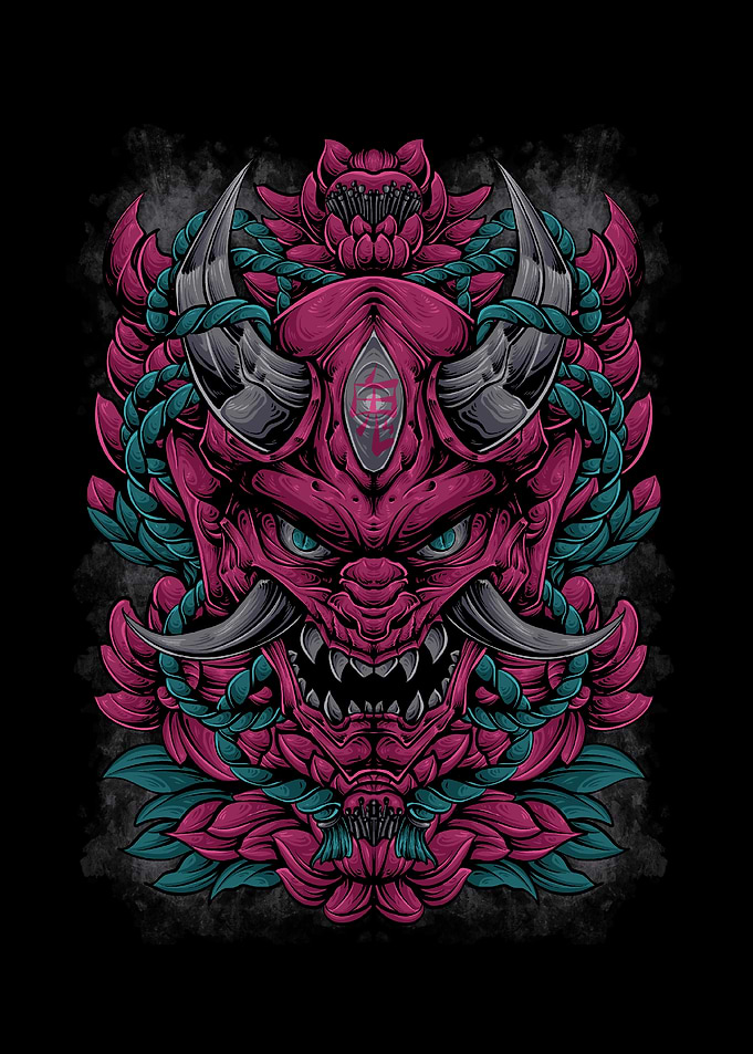 Neon Oni Mask - Sakura Demon Spirit Art