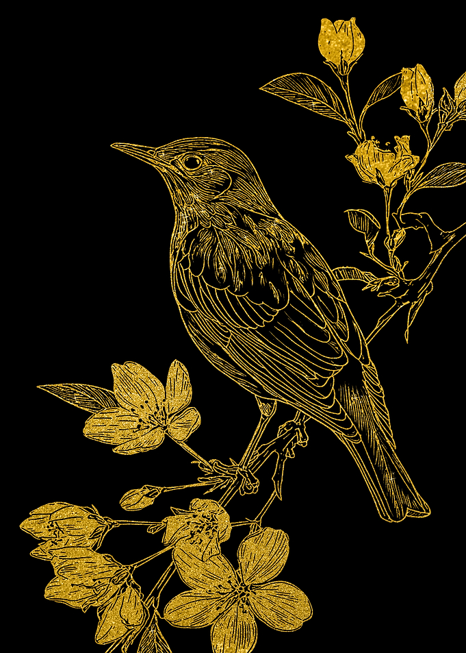 Golden Bird on a Branch with Flowers