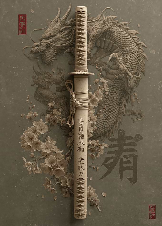 Katana with Dragon and Cherry Blossoms
