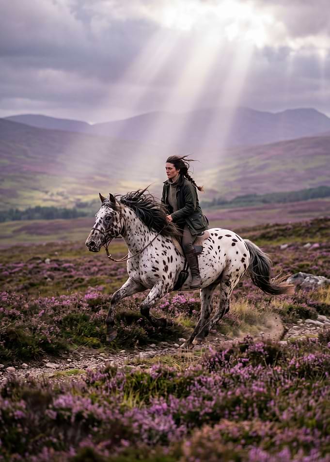 Woman Riding Horse Through Heather Field