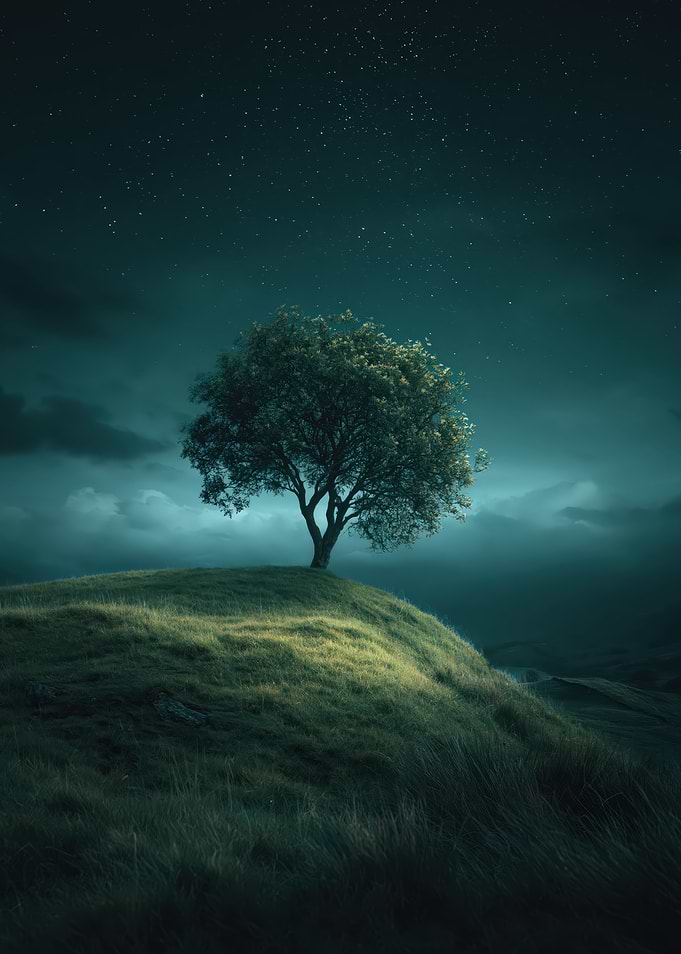 Lone Tree Under Starry Night Sky