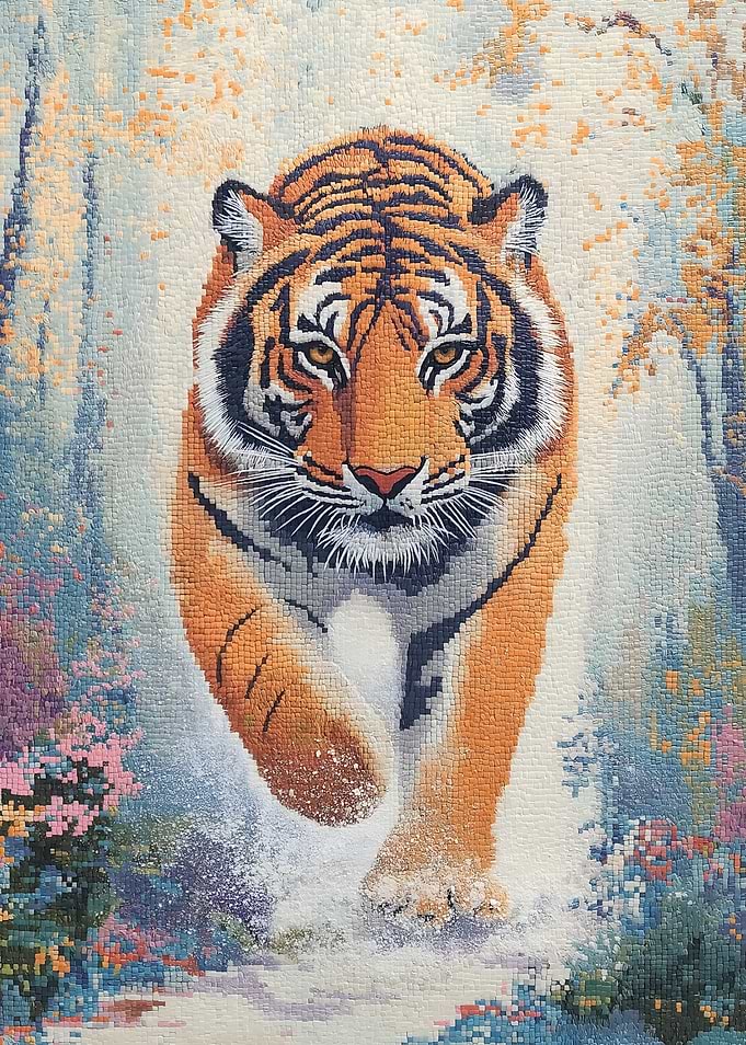 Tiger Walking Through Snow