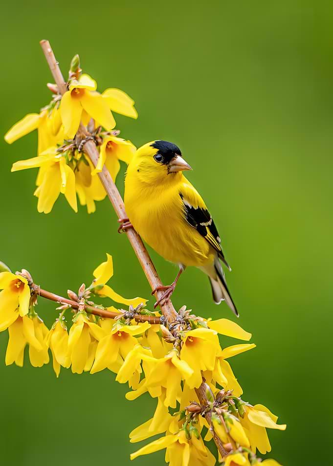 Goldfinch on Forsythia Branch
