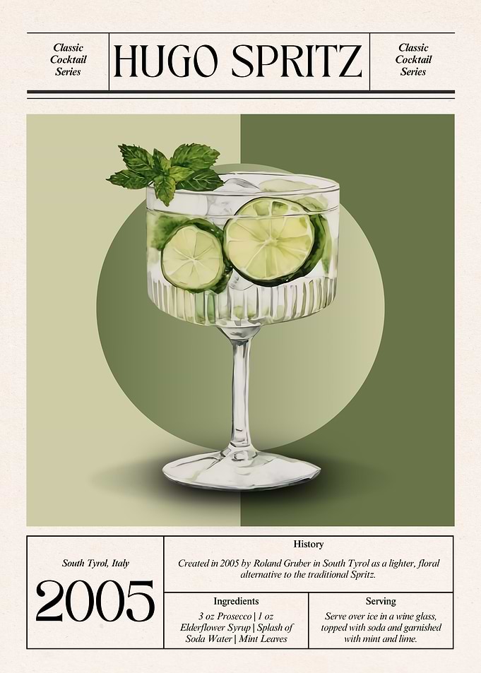 Hugo Spritz | 2005 Italian Elderflower Spritz | Vintage Green Cocktail Art