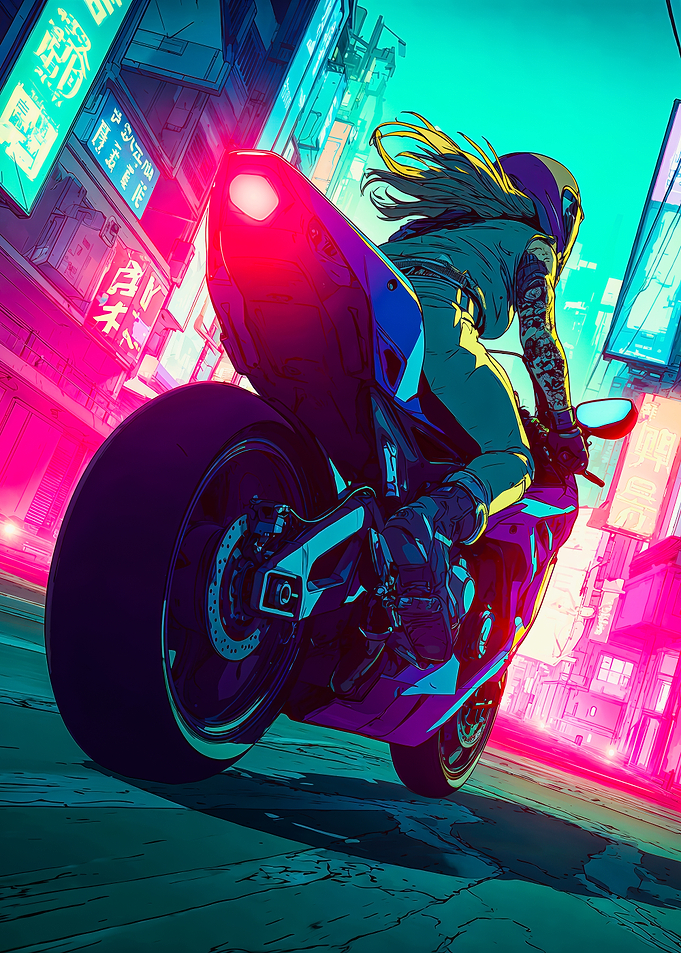 Cyberpunk Woman Riding Neon Motorcycle