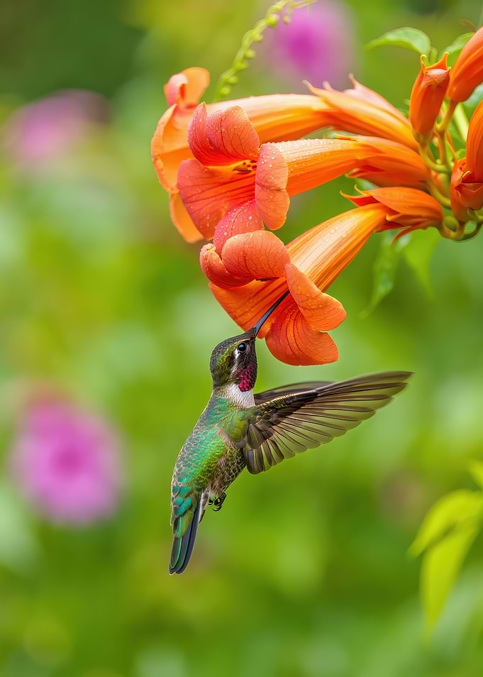 Hummingbird feeding on orange trumpet vine flowers