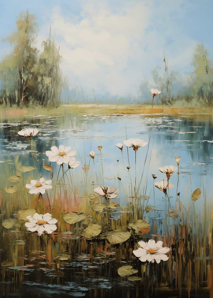 Water Lilies and Reeds in a Pond