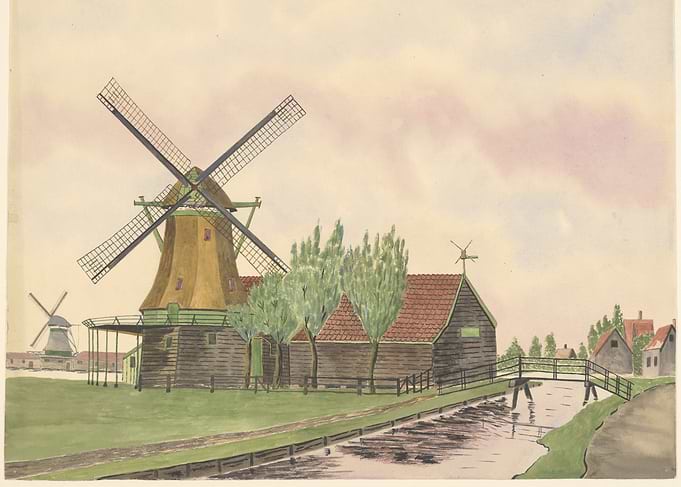 Dutch Windmills and Canal Scene