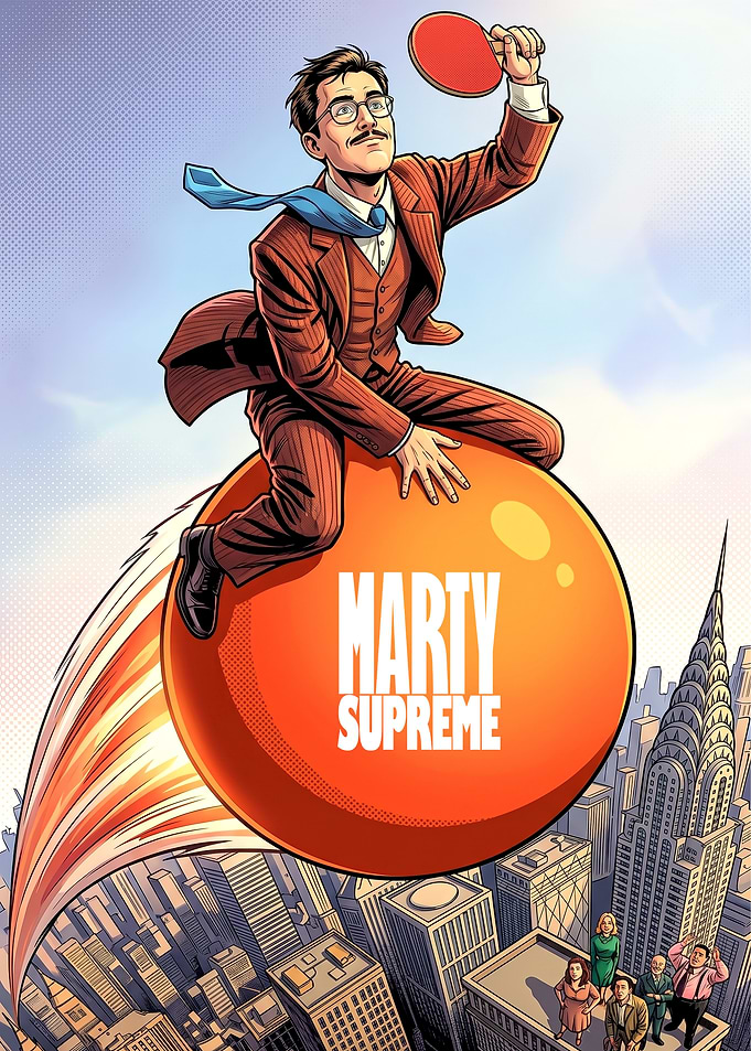 Marty Supreme Riding a Ping Pong Ball Over NYC