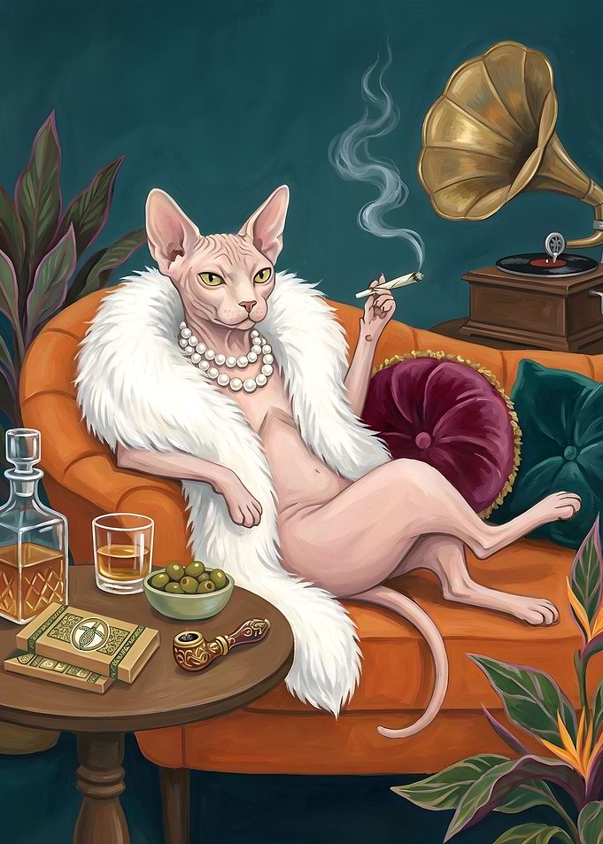Sphynx Cat Smoking and Lounging