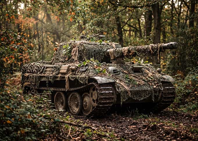 Camouflaged Tank in Autumn Forest