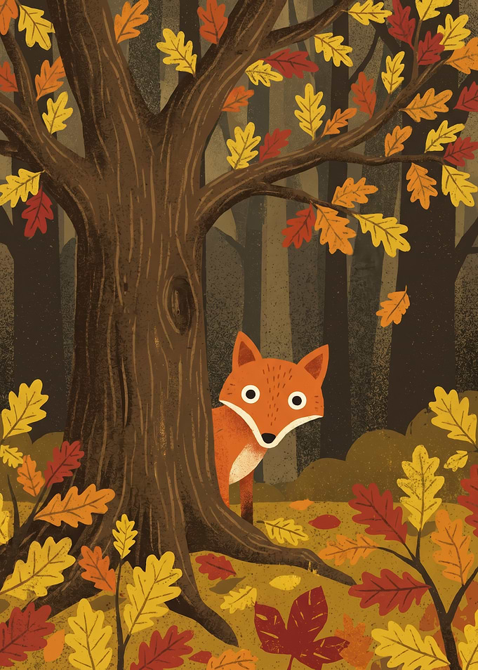 Fox Peeking from Behind a Tree in Autumn