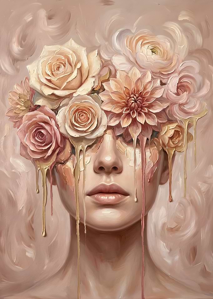 Surreal Floral Portrait with Dripping Paint